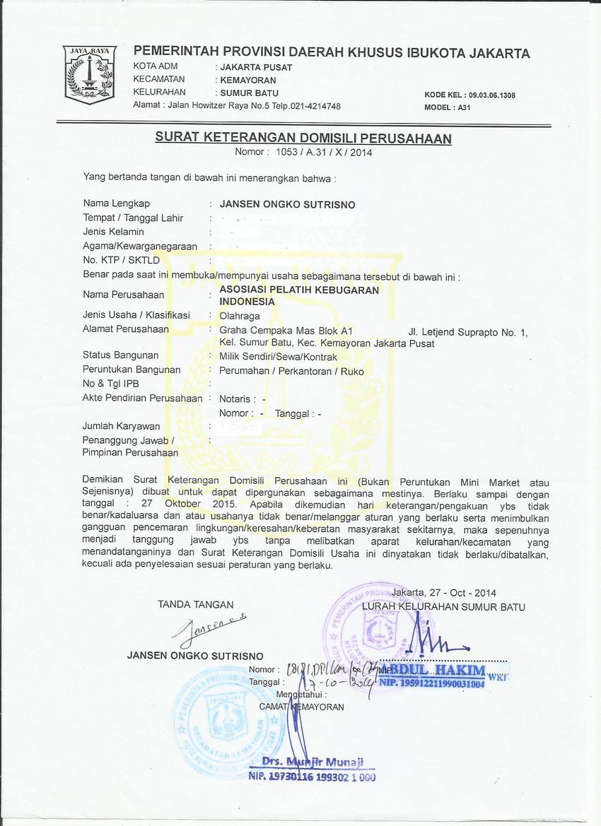 Sk Domisili Perusahaan Ok Indonesia Fitness Trainer